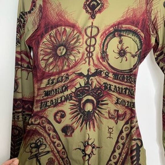 Marine Serre Green Geotic Tattoo Turtleneck Longsleeve Top Womens Medium - Picture 4 of 12